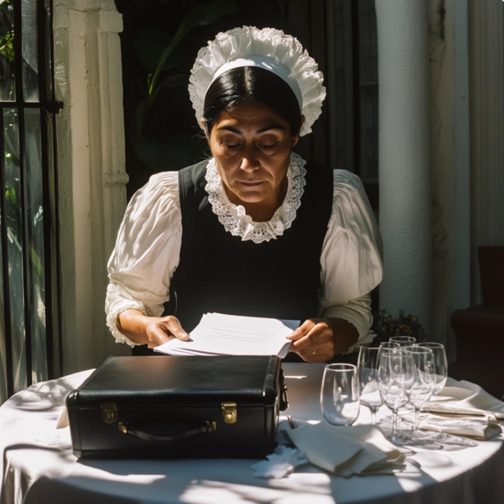 A housekeeper reading documents at a table with a briefcase.