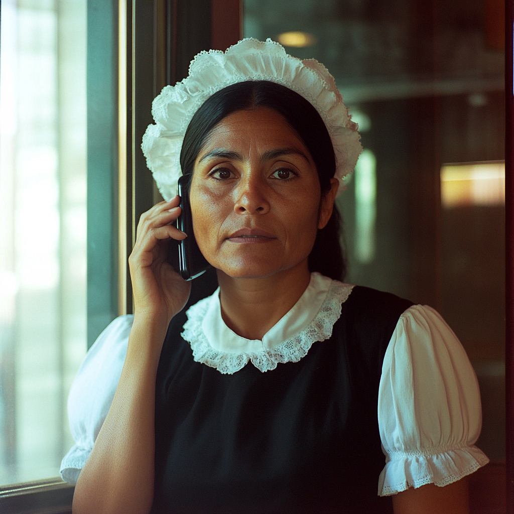 A housekeeper speaking on a phone.
