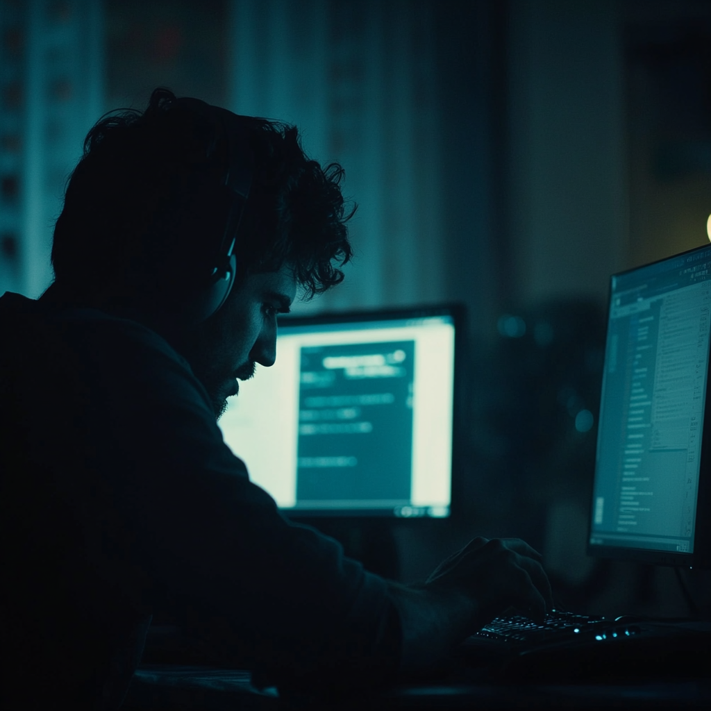 A man sitting in a dark room in front of computer monitors.