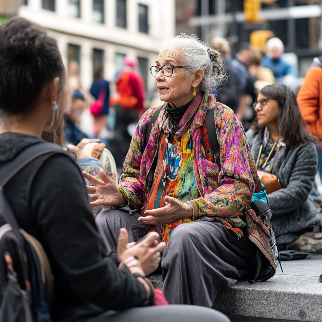 An elderly woman wearing a colorful jacket taking with people.