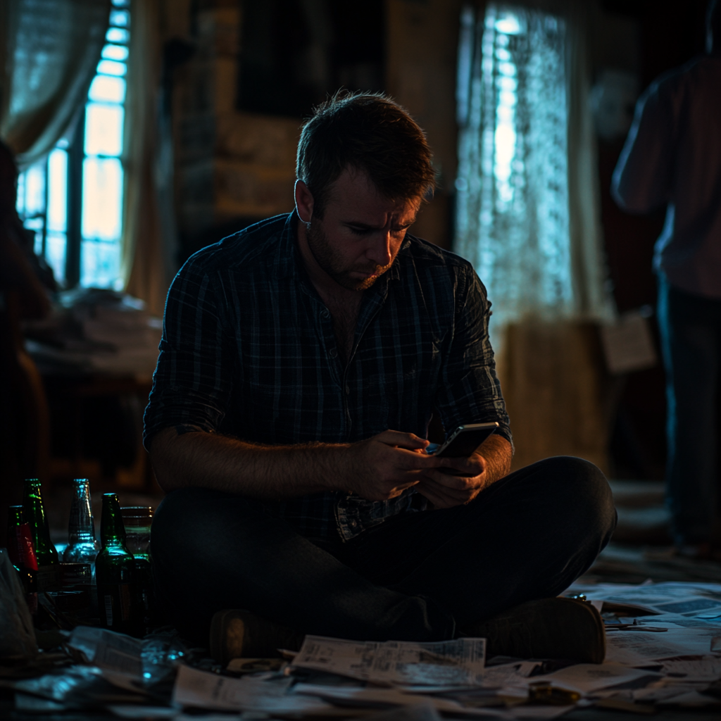 A man sitting in a dark room while looking at his phone.