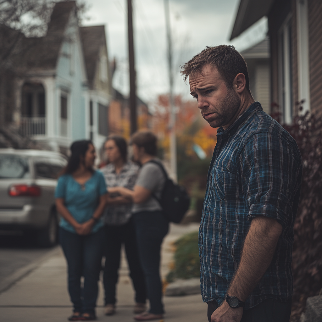A man with a sullen expression standing on a suburban sidewalk while some women in the background gossip.