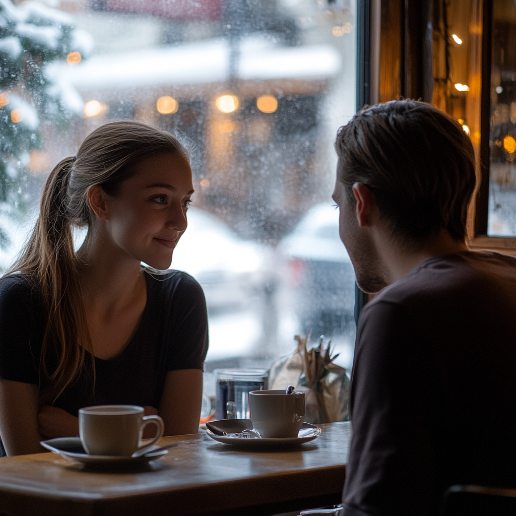 A man and a woman having a pleasant conversation at a coffee shop during winter.