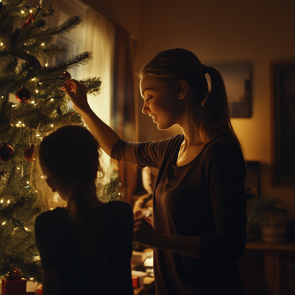 A woman and a child decorating a Christmas tree.