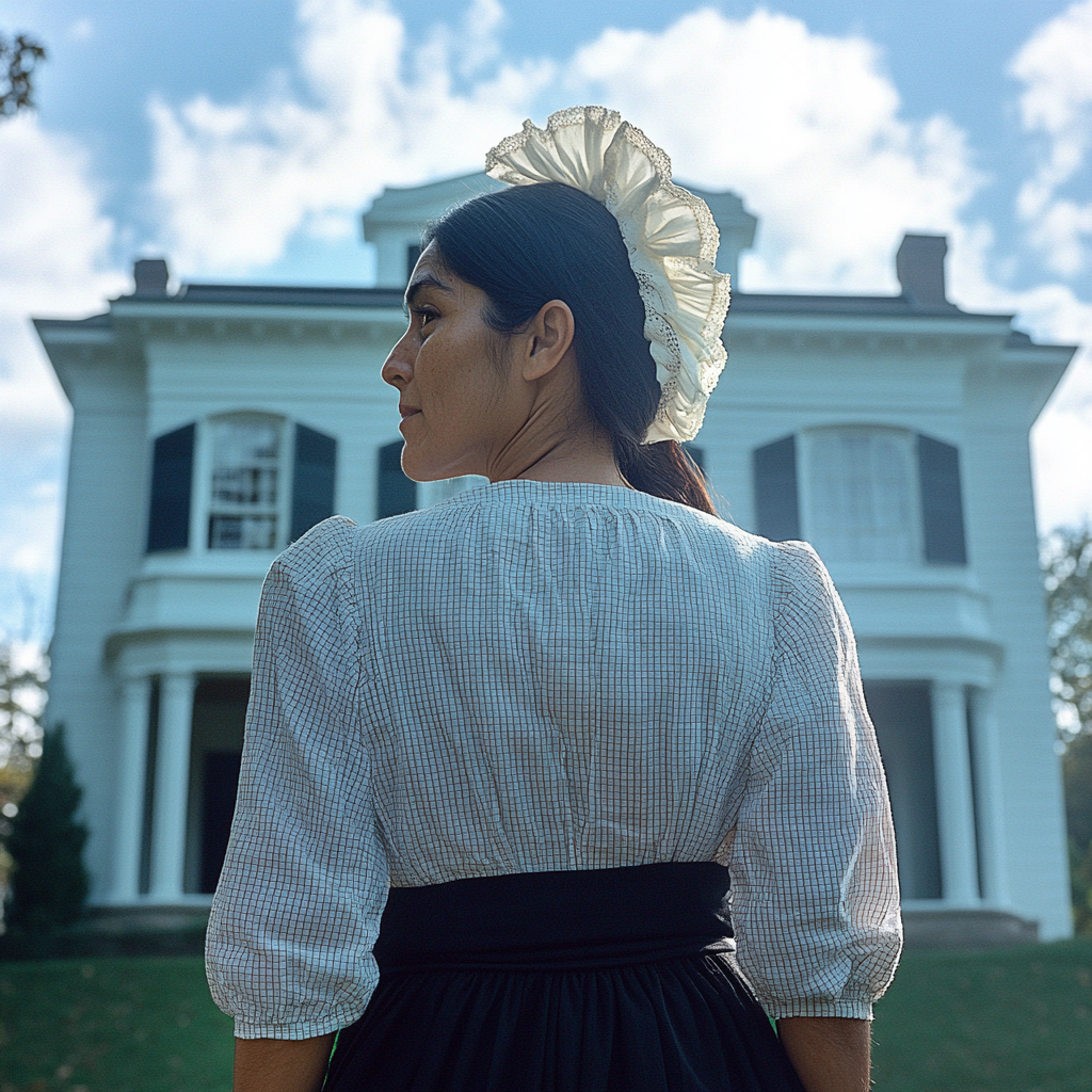 A woman in a bonnet in front of a large house.