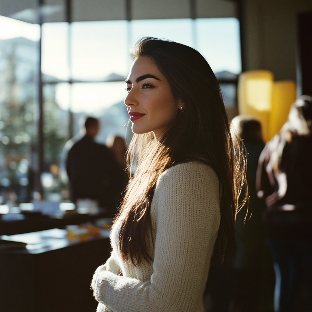 A woman smiling softly while standing inside a conference room filled with sunlight.