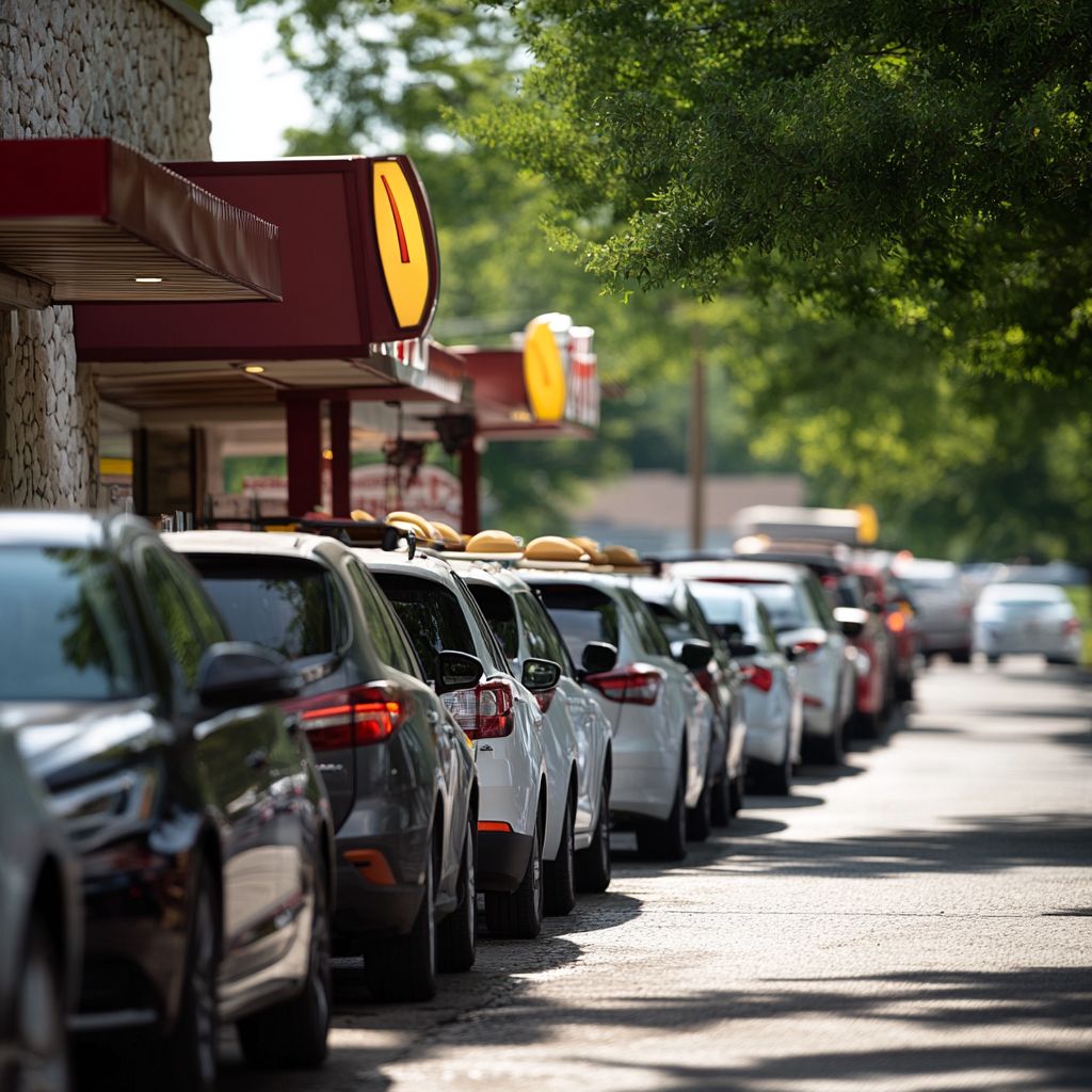 A line of cars in the middle of the day at a drive-thru.