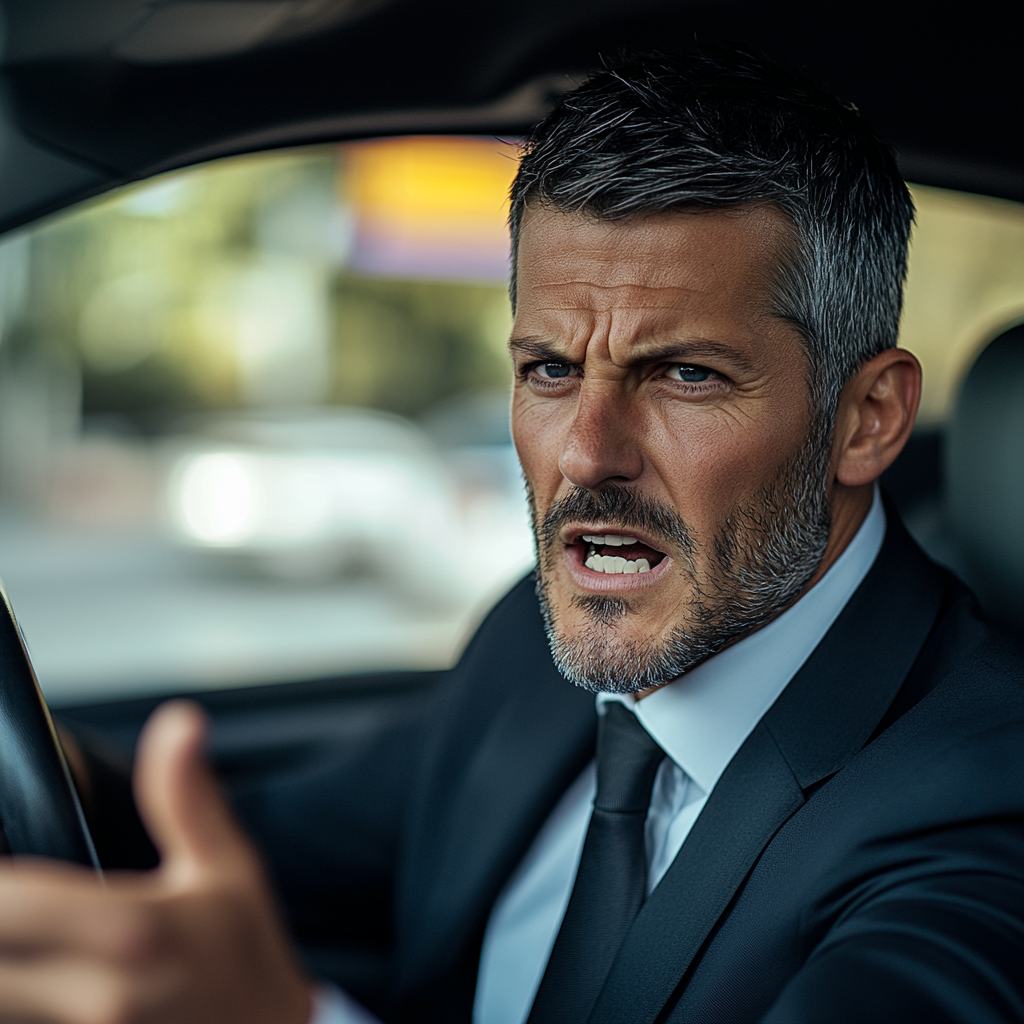 A middle-aged man in a suit sitting on the driver's seat of his car with an angry expression.