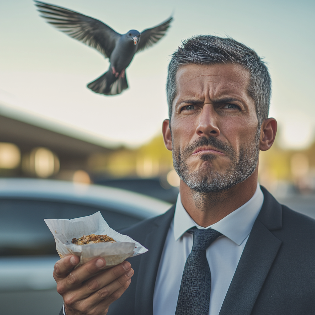 Middle-aged man in a suit holding a sandwich with a bird flying over his head at a park.