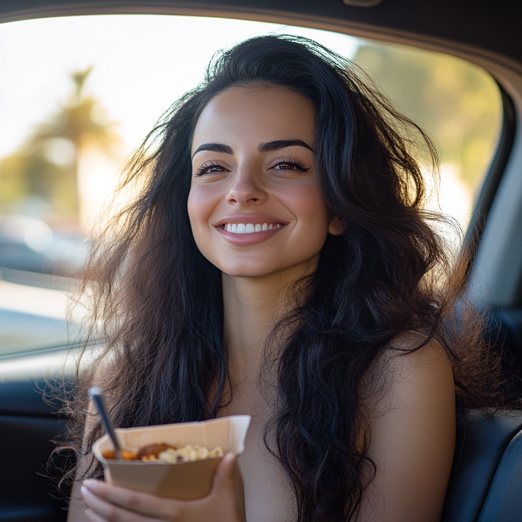 A young woman inside a car with a bright smile on her face while holding takeout food.