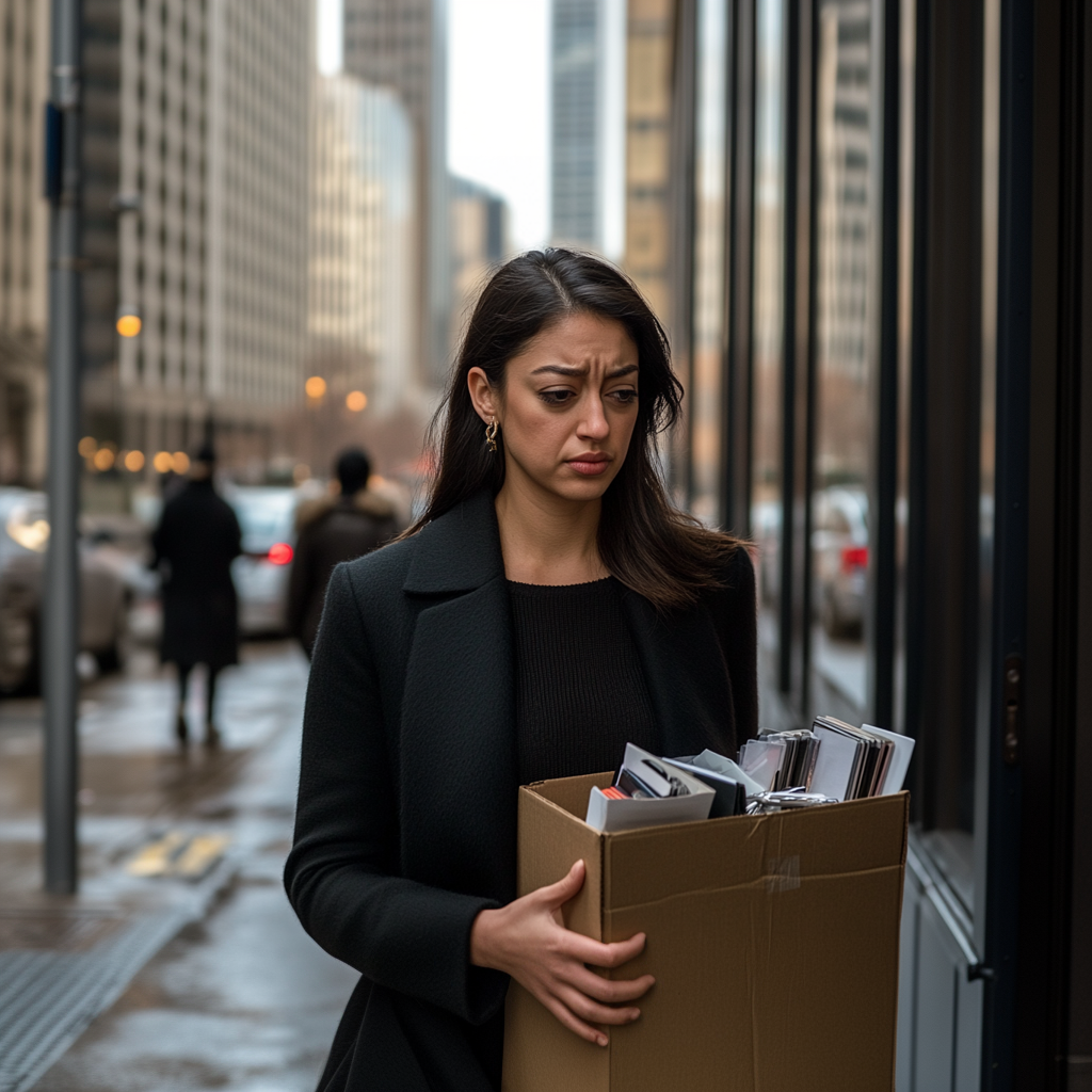 A woman walking on a city street holding a box of belongings and looking upset.