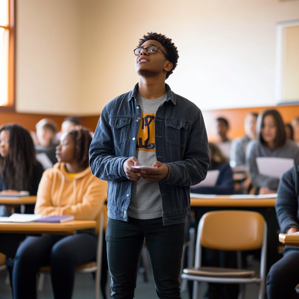 A teenage student standing inside a classroom surrounded with other kids.