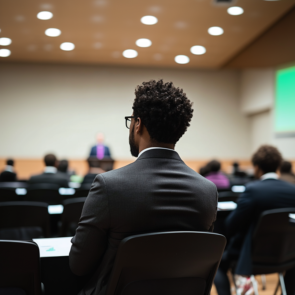 A young man in a business suit sitting at the back row of a classroom observing a lecture.