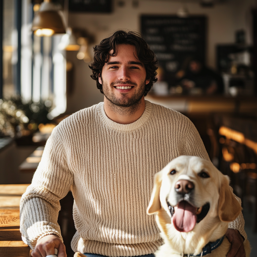Smiling blind guy and his guide dog inside a cafe.