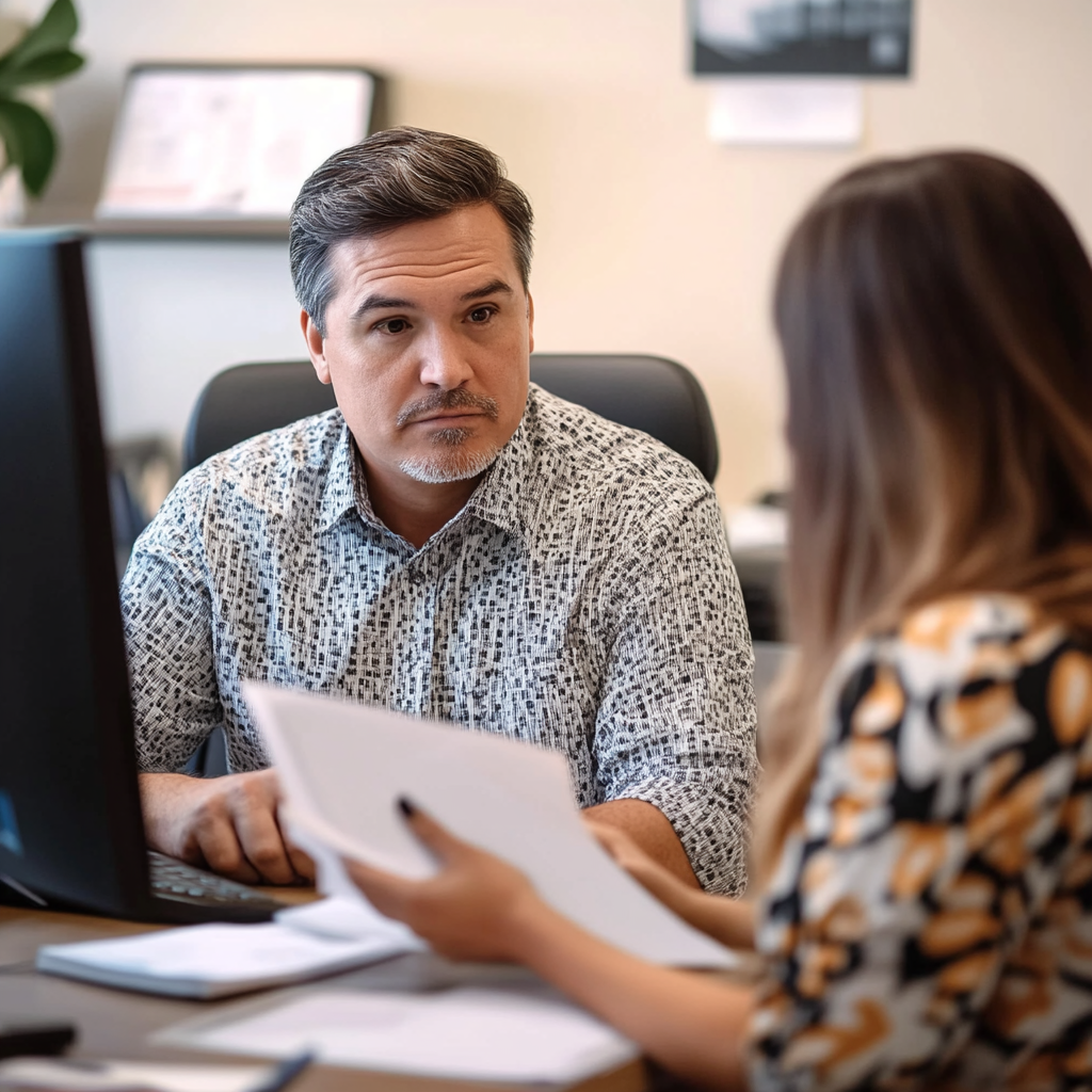 Middle-aged man sitting in front of a computer talking to a woman inside an office.