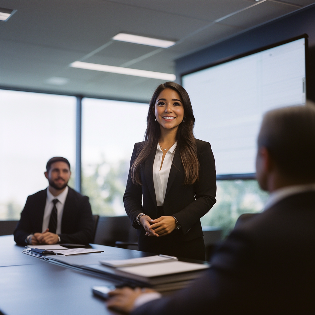 Young woman presenting in front of clients inside a conference room.