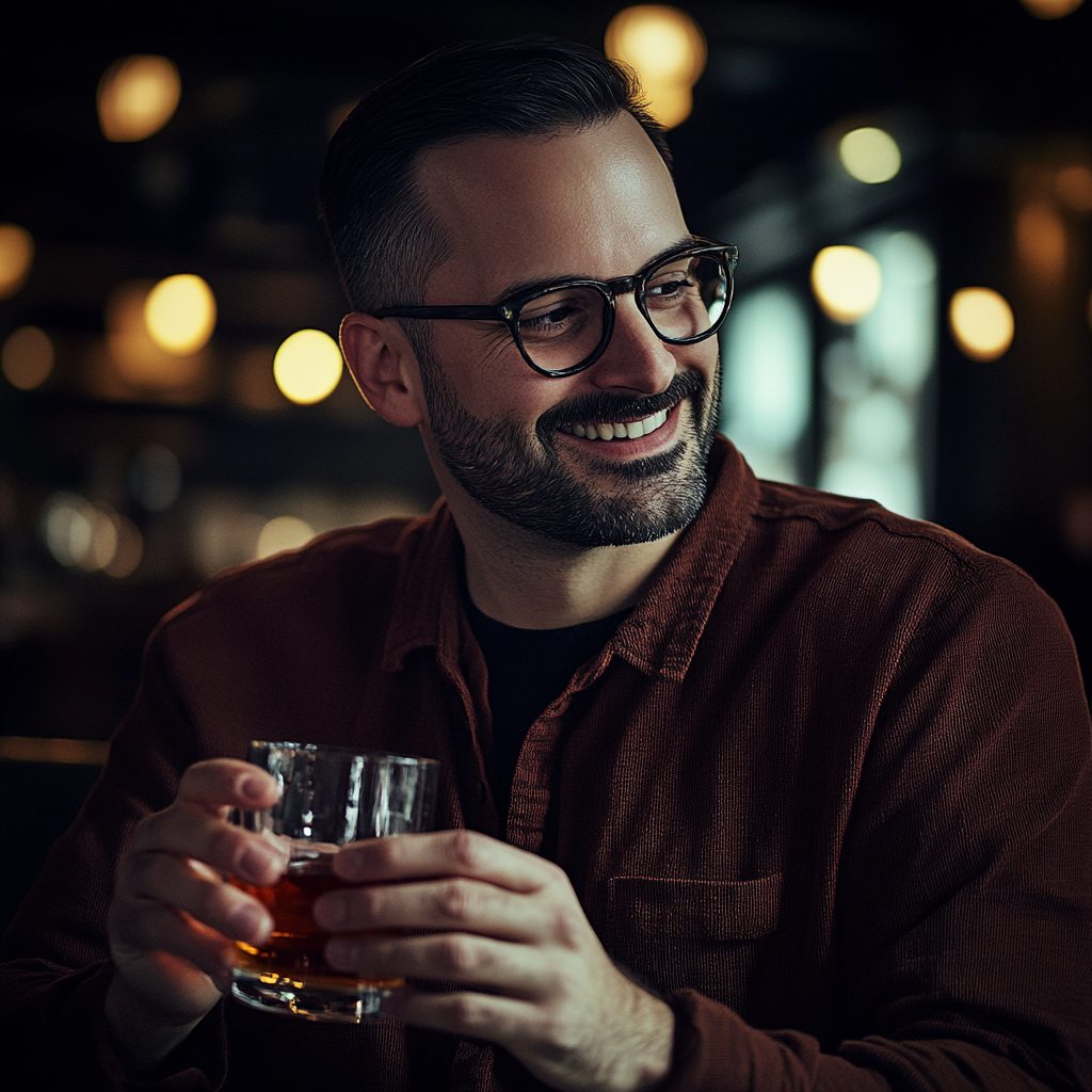 Man wearing glasses holding a glass of bourbon while smiling inside a restaurant.