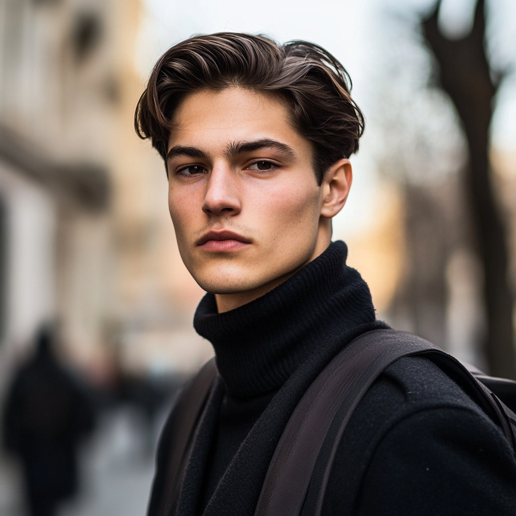 A young man wearing a black turtleneck and a backpack, standing on a street.