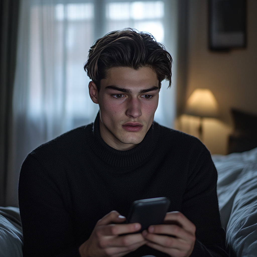 A man in a black sweater looking at a smartphone in a dimly lit room.
