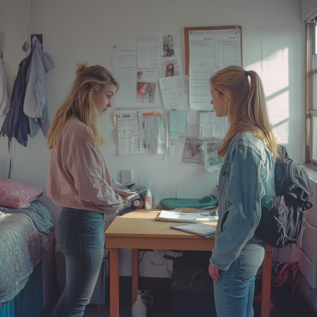 Two young women having a conversation in a dorm room.