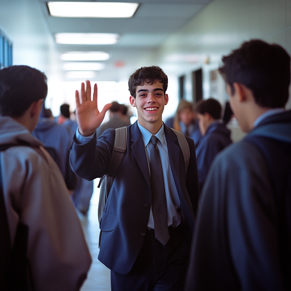 Smiling student in a school hallway, giving a high-five to another student.