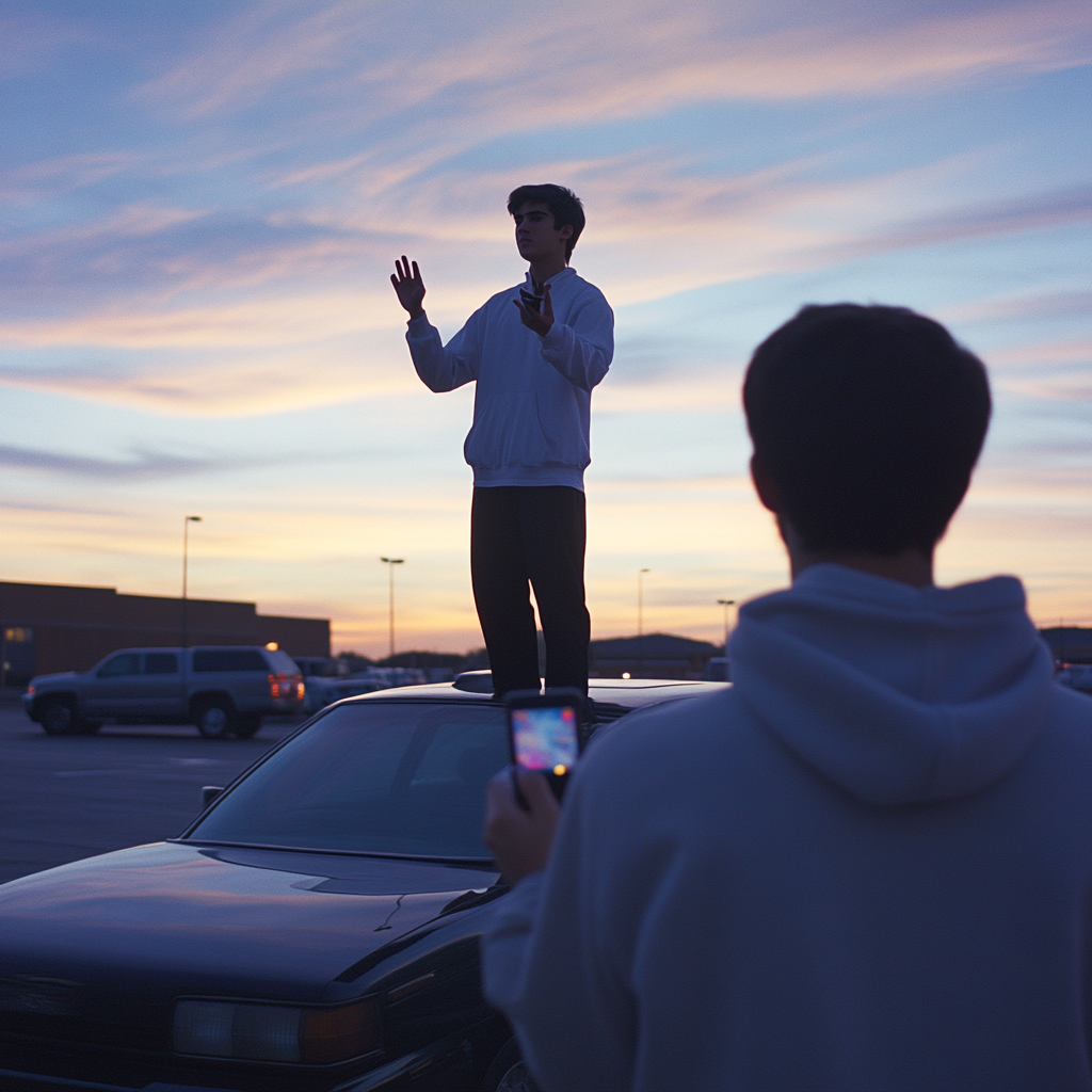 Teen standing on a car with arms about to stretch sideways while another person records with a phone.
