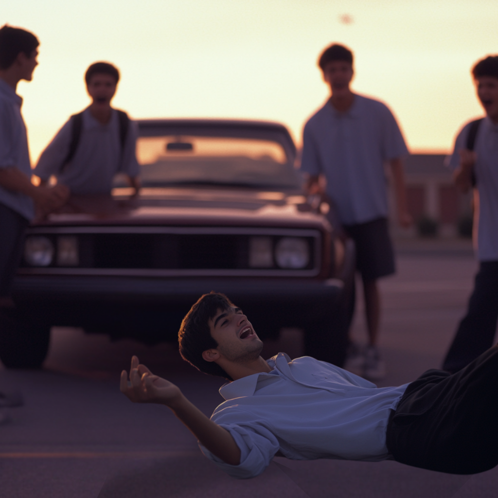 A teen falling to the ground on his back with other teens and a car in the background.