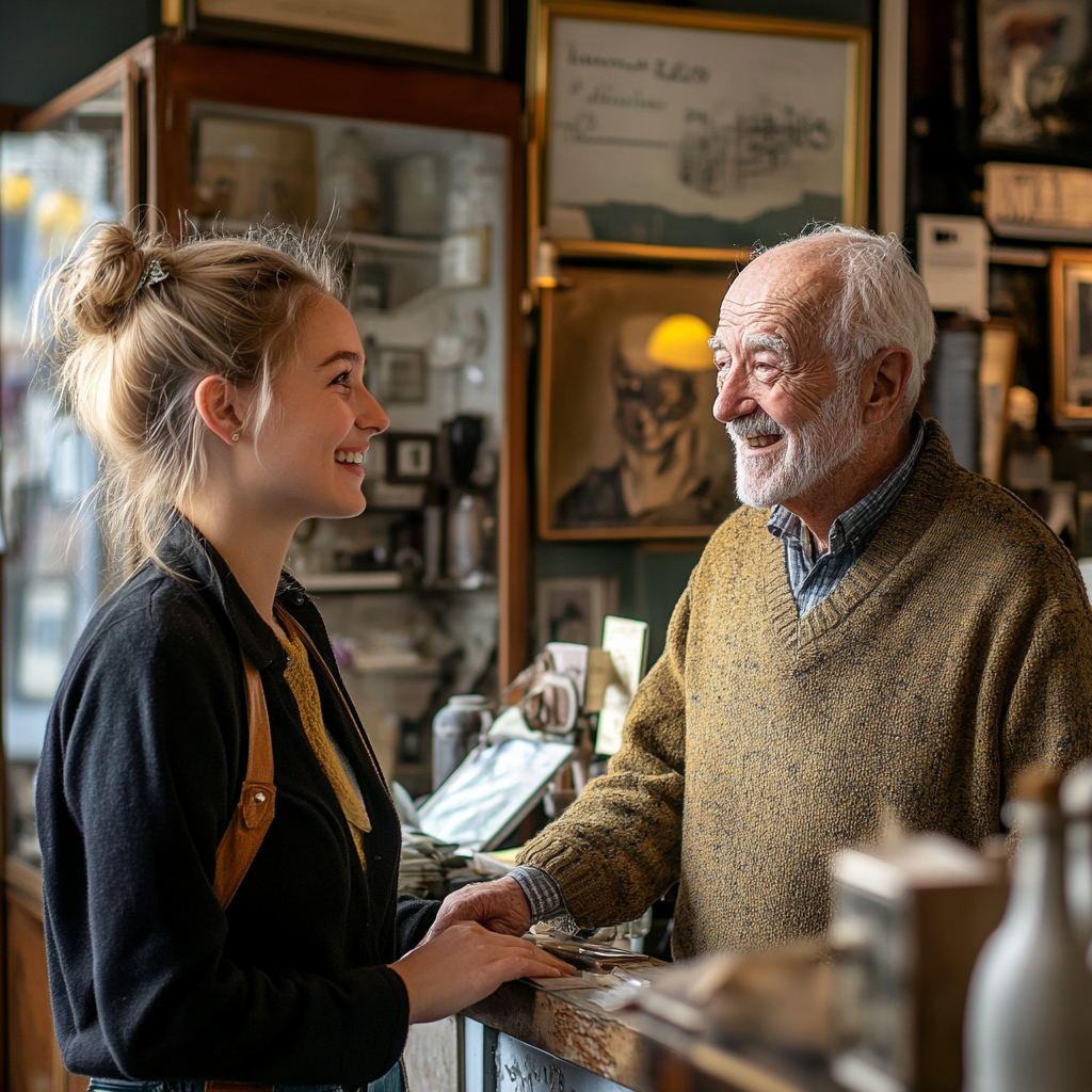 Young woman talking enthusiastically to an old man inside an antique shop.
