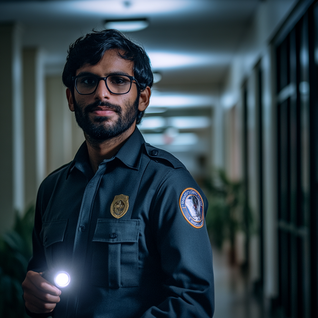 Man in a security guard uniform holding a flashlight.