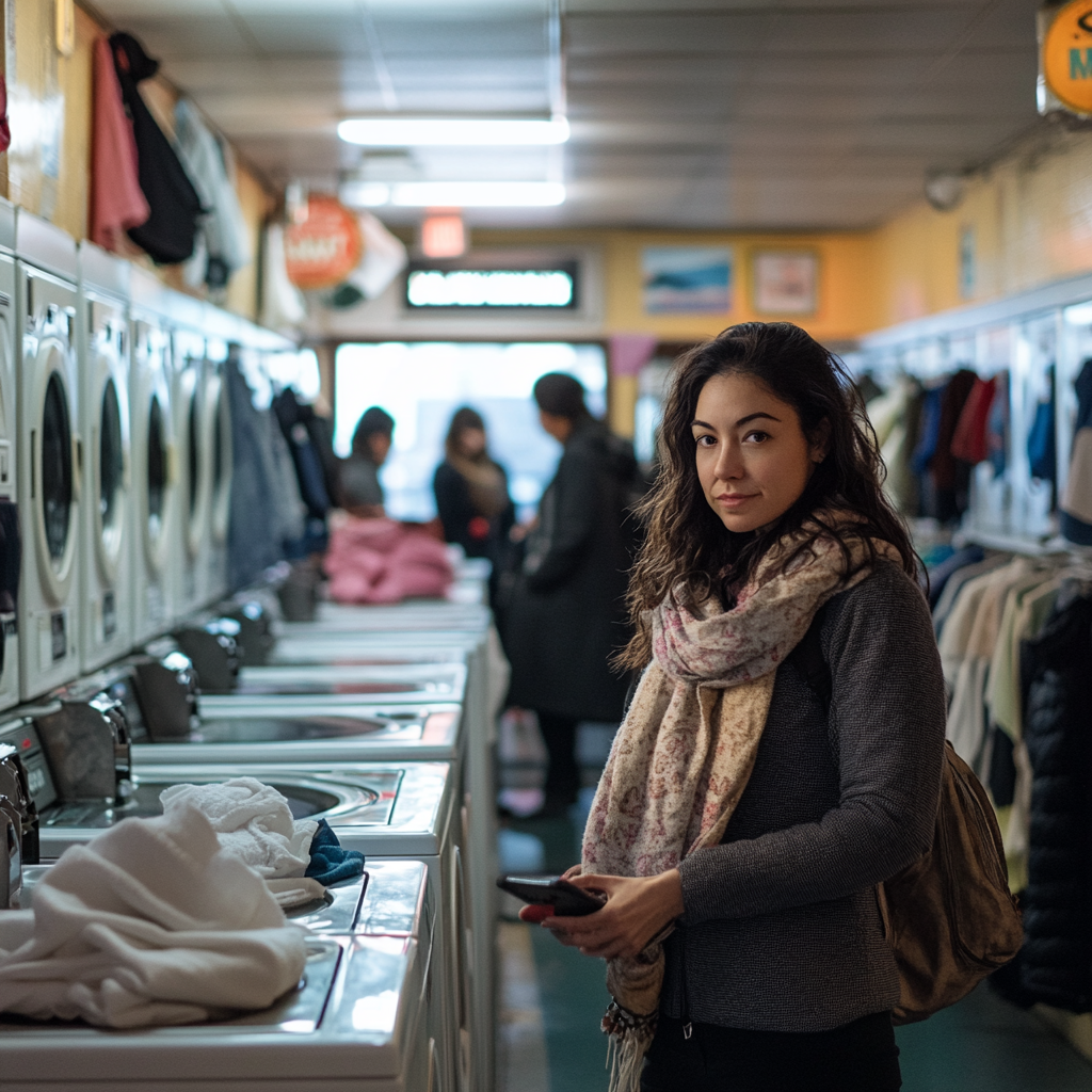 Woman standing in front of washing machines and dryers inside a laundromat.