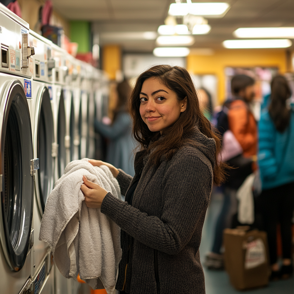 Woman smiling cheekily while holding a towel in front of a dryer inside a laundromat.