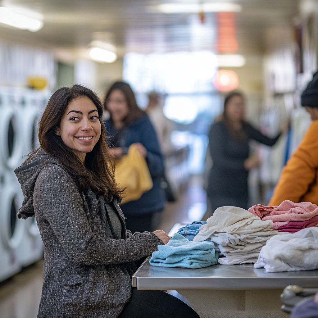Woman smiling while folding clothes inside a laundromat.