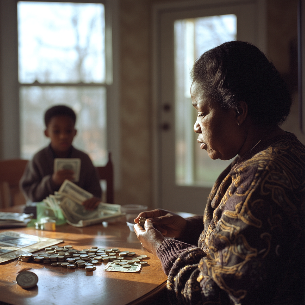 A woman sitting at a table counting coins, with a young boy in the background.