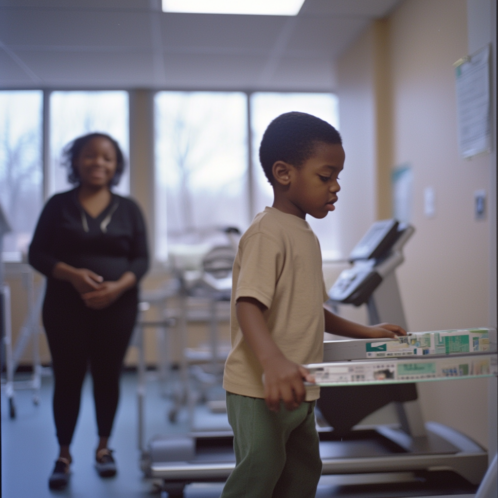 A boy walking in between bars during a physical therapy session with a woman looking over him.