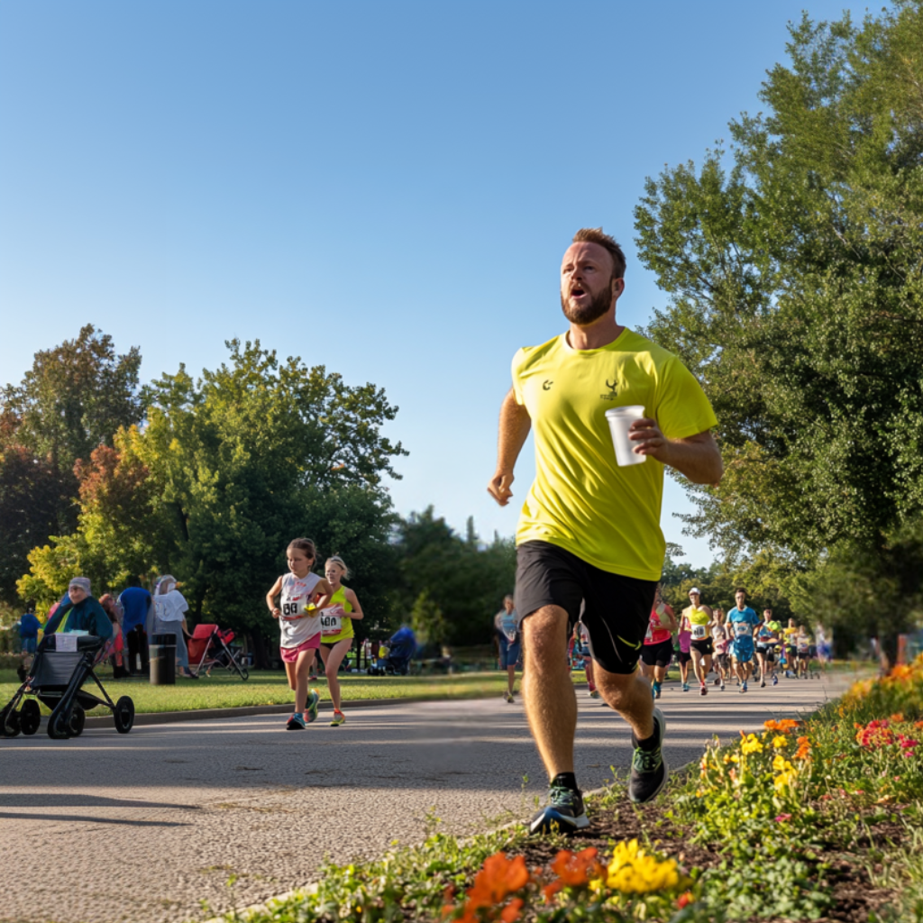 A runner in a neon yellow shirt sprinting while holding a cup, passing a line of colorful flowers.
