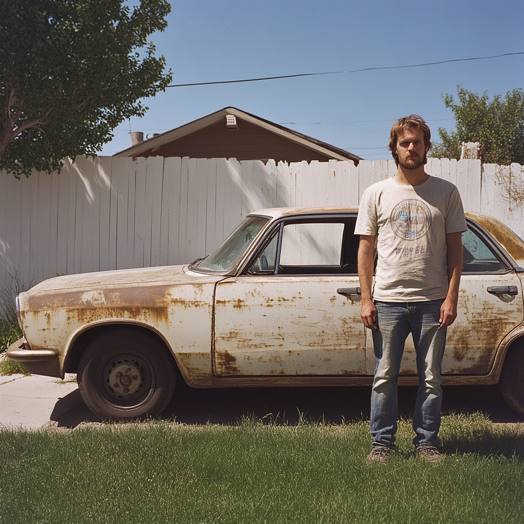 Man standing next to an old, rusted car in a driveway.