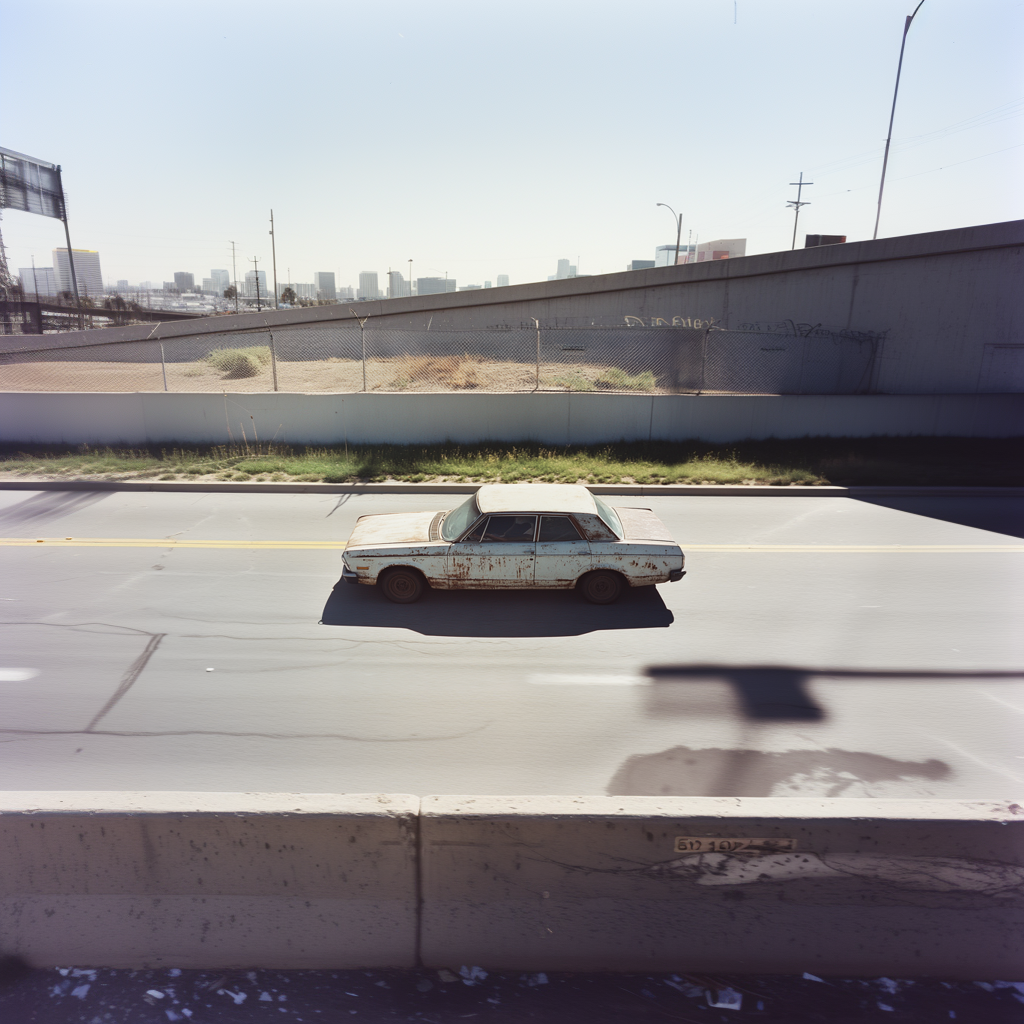 Rusty car driving on an empty highway near an overpass.
