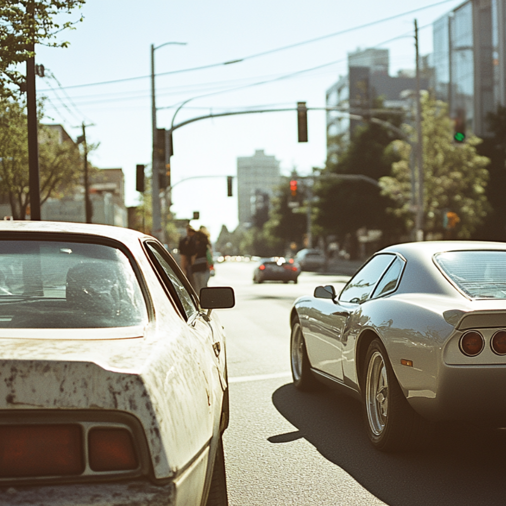 Two cars side by side on a city street, one is a sports car and one is an old, rusty sedan.