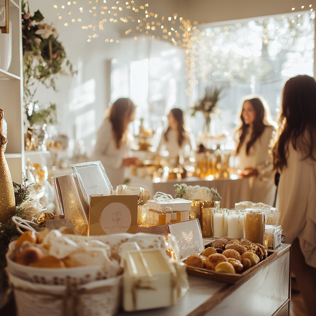 A bridal shower scene with a table filled with gifts and snacks and guests chatting and smiling in the background.
