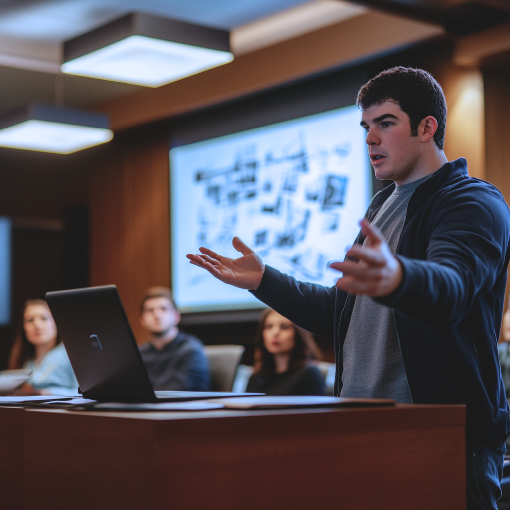 A young man talking in front of people inside a meeting room.