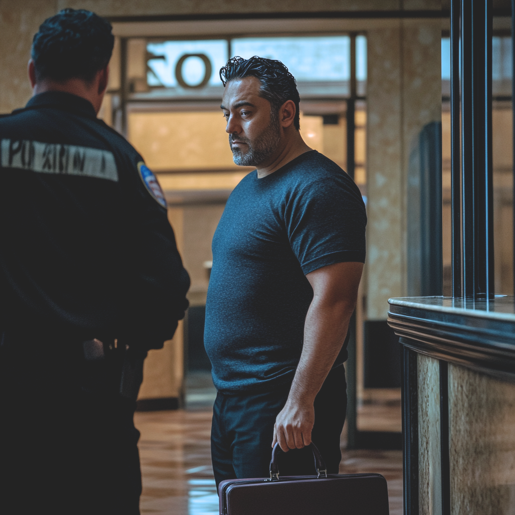 A man holding a brief case inside a bank talking to a law enforcement official.