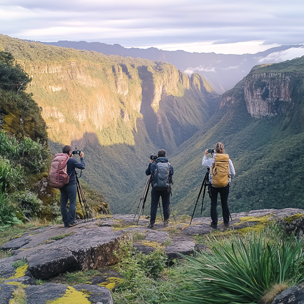 Three hikers with backpacks and cameras on tripods stand at the edge of a cliff.