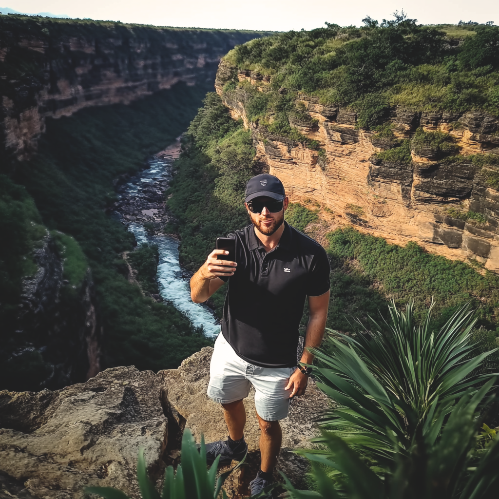 A man wearing sunglasses and a black shirt takes a selfie with a smartphone while standing near a canyon with a river below