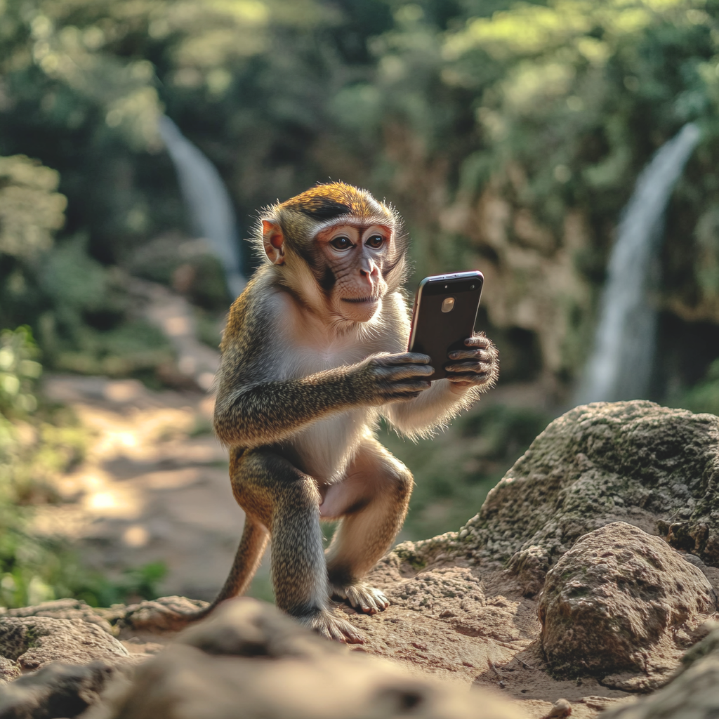 A monkey sitting on a rock in a forest, holding a smartphone and looking at it.