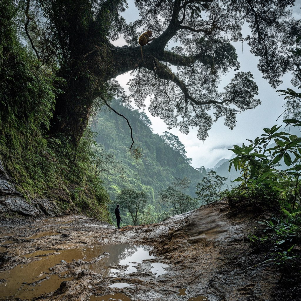 A person stands on a muddy trail near a large tree in a lush green forest, with a monkey perched on a branch above.