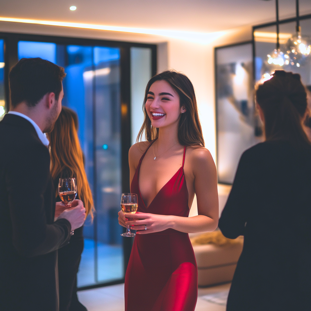 A sophisticated woman wearing a red dress laughing with a man at a party
