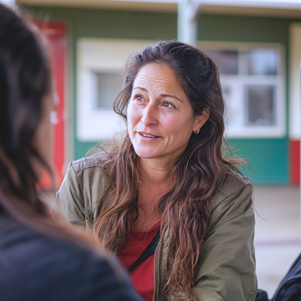 A middle-aged woman talking to other women off-camera.