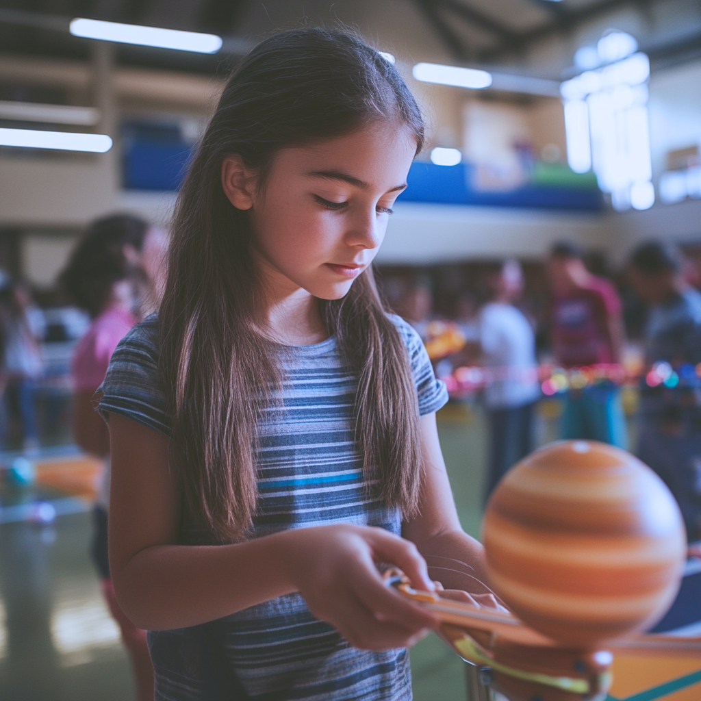 A little girl in front of her science project inside an event hall.