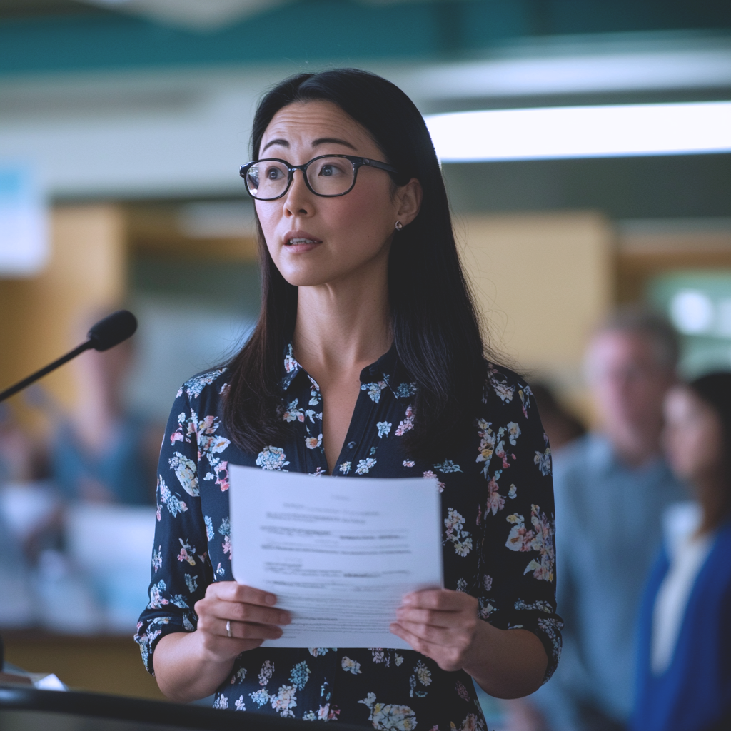 A woman wearing eyeglasses and a floral patterned blouse speaking in front of a microphone while holding a piece of paper.