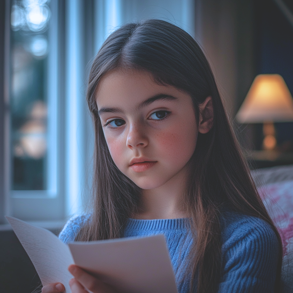 A little girl sitting on a couch while holding a piece of paper.
